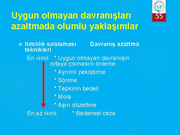 Uygun olmayan davranışları azaltmada olumlu yaklaşımlar Ilımlılık sıralaması Davranış azaltma teknikleri En ılımlı *