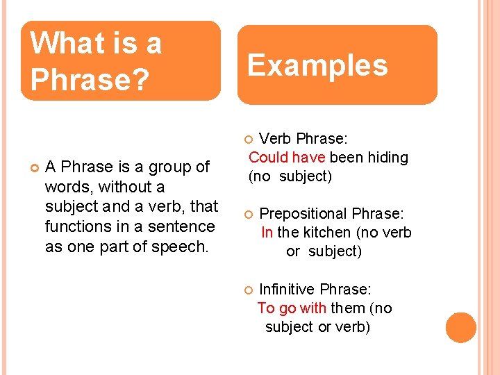 What is a Phrase? Examples Verb Phrase: Could have been hiding (no subject) A