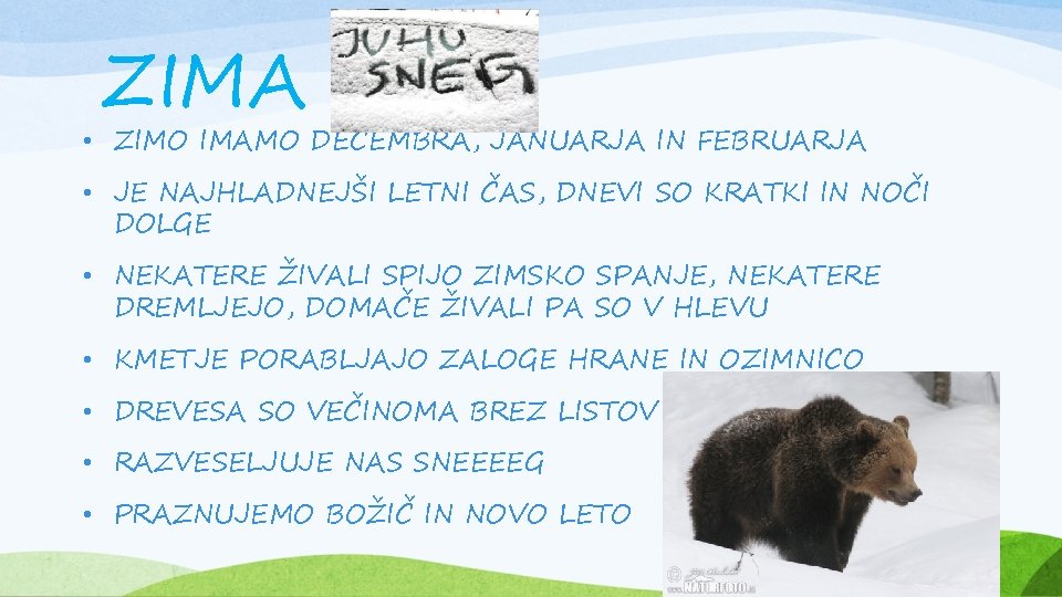 ZIMA • ZIMO IMAMO DECEMBRA, JANUARJA IN FEBRUARJA • JE NAJHLADNEJŠI LETNI ČAS, DNEVI