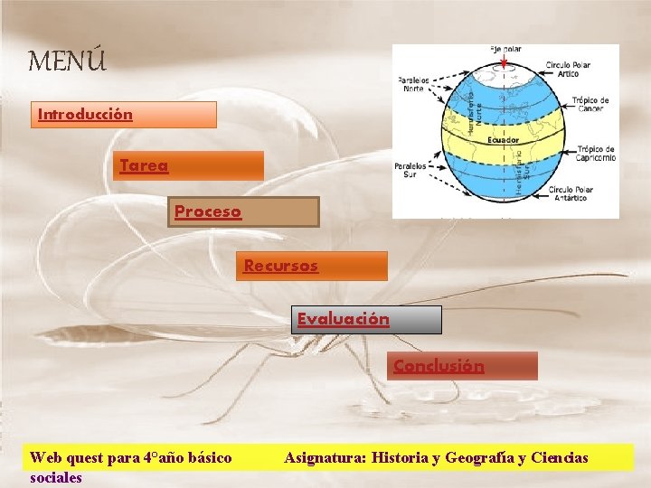 MENÚ Introducción Tarea Proceso Recursos Evaluación Conclusión Web quest para 4°año básico sociales Asignatura: