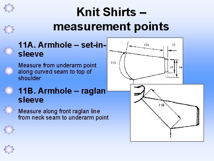 Knit Shirts – measurement points 11 A. Armhole – set-insleeve Measure from underarm point