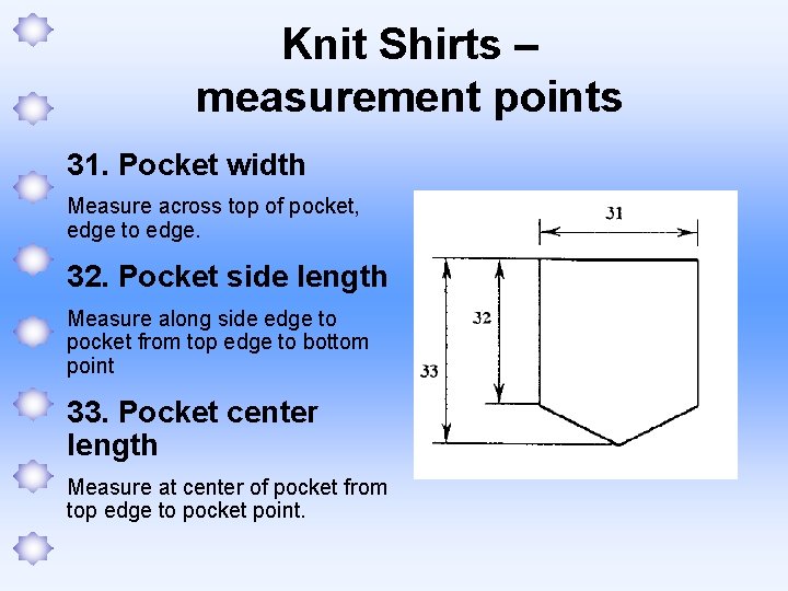 Knit Shirts – measurement points 31. Pocket width Measure across top of pocket, edge