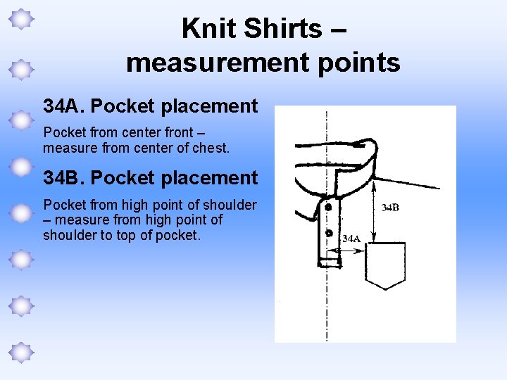 Knit Shirts – measurement points 34 A. Pocket placement Pocket from center front –