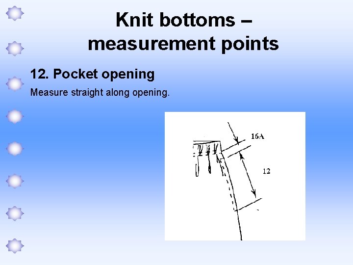 Knit bottoms – measurement points 12. Pocket opening Measure straight along opening. 
