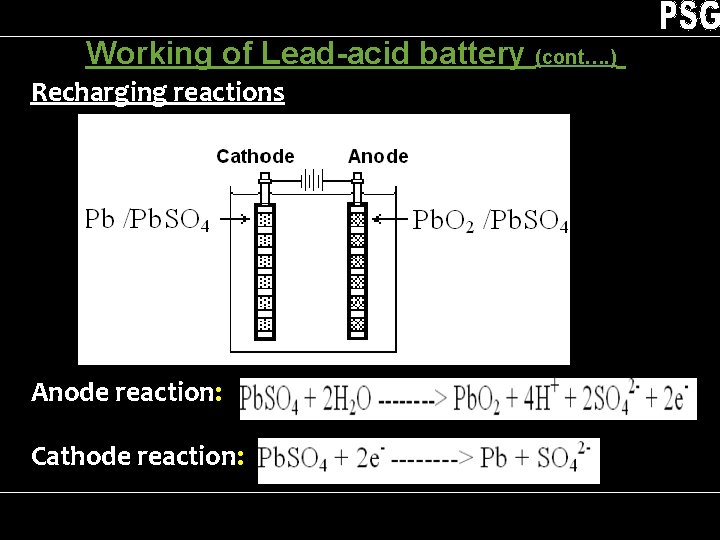 Working of Lead-acid battery (cont…. ) Recharging reactions Anode reaction: Cathode reaction: Cells and
