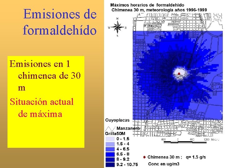 Emisiones de formaldehído Emisiones en 1 chimenea de 30 m Situación actual de máxima