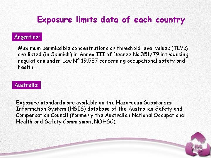 Exposure limits data of each country Argentina: Maximum permissible concentrations or threshold level values