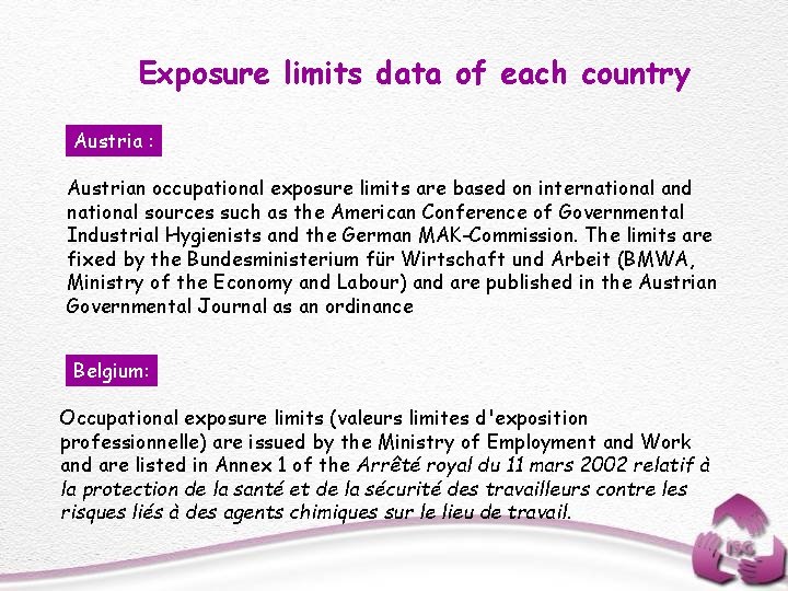 Exposure limits data of each country Austria : Austrian occupational exposure limits are based