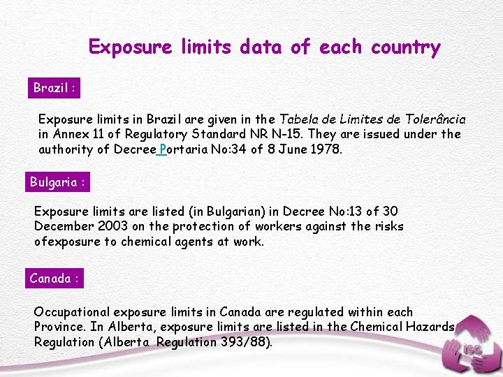 Exposure limits data of each country Brazil : Exposure limits in Brazil are given