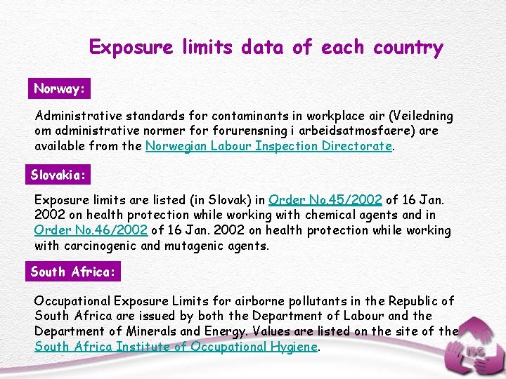 Exposure limits data of each country Norway: Administrative standards for contaminants in workplace air