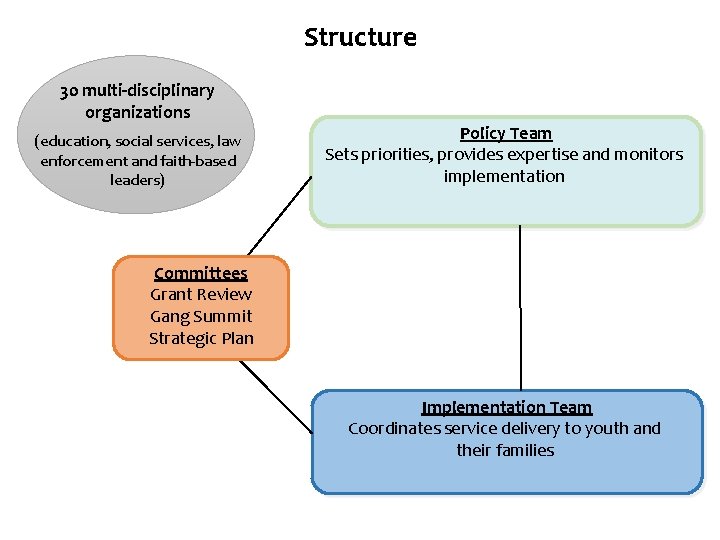 Structure 30 multi-disciplinary organizations (education, social services, law enforcement and faith-based leaders) Policy Team