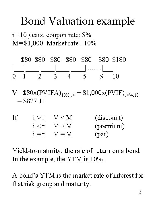 Bond Valuation example n=10 years, coupon rate: 8% M= $1, 000 Market rate :