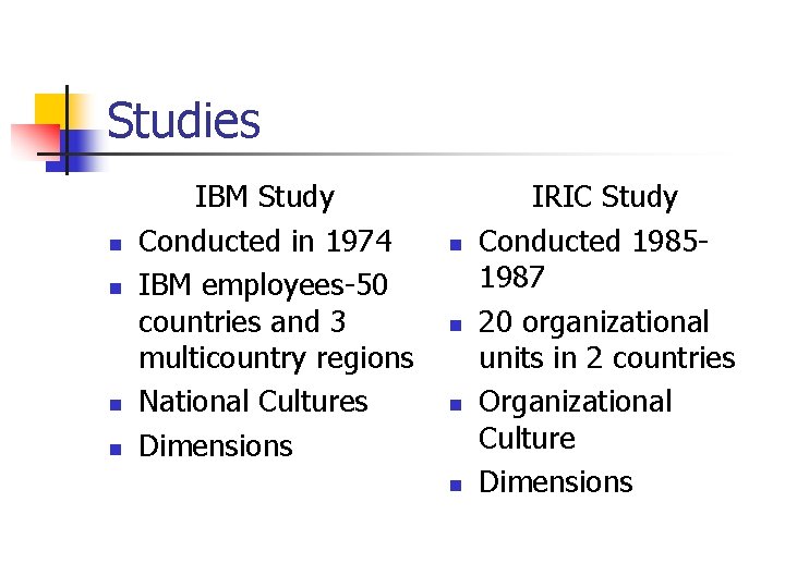 Studies n n IBM Study Conducted in 1974 IBM employees-50 countries and 3 multicountry