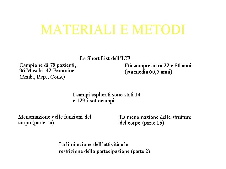 MATERIALI E METODI La Short List dell’ICF Campione di 78 pazienti, Età compresa tra