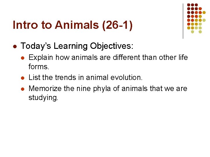 Intro to Animals (26 -1) l Today’s Learning Objectives: l l l Explain how