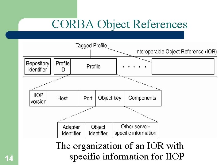 CORBA Object References 14 The organization of an IOR with specific information for IIOP