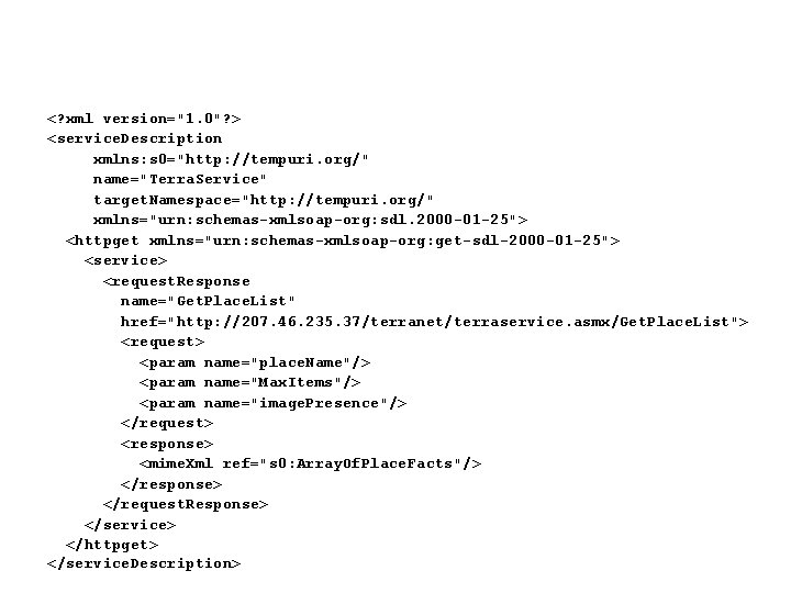 <? xml version="1. 0"? > <service. Description xmlns: s 0="http: //tempuri. org/" name="Terra. Service"