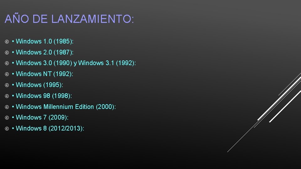 AÑO DE LANZAMIENTO: • Windows 1. 0 (1985): • Windows 2. 0 (1987): •
