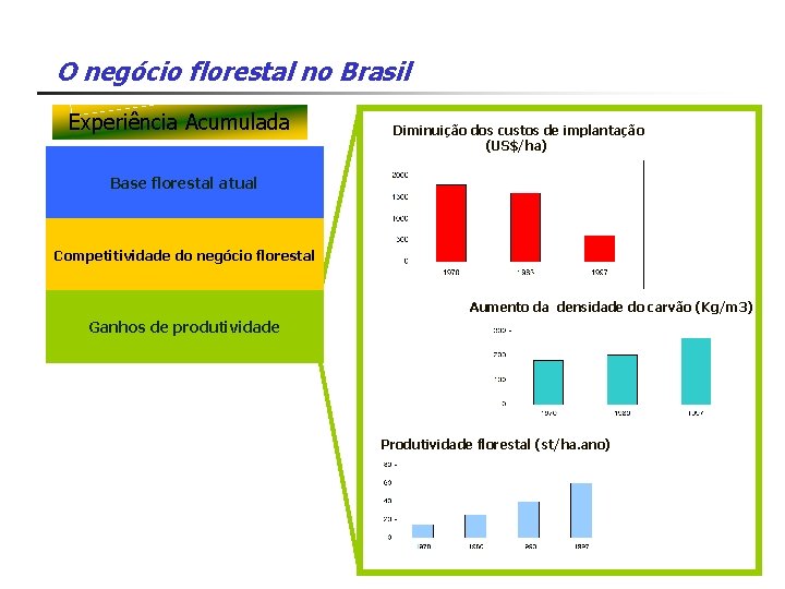 O negócio florestal no Brasil Experiência Acumulada Diminuição dos custos de implantação (US$/ha) Base