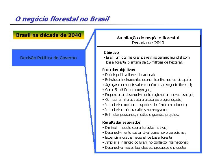 O negócio florestal no Brasil na década de 2040 Decisão Política de Governo Ampliação