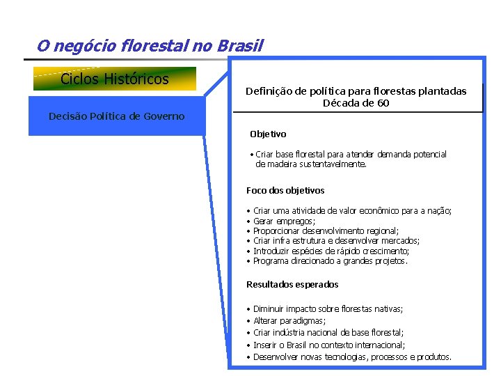 O negócio florestal no Brasil Ciclos Históricos Definição de política para florestas plantadas Década