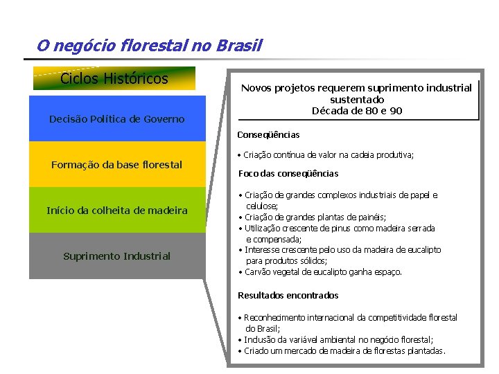 O negócio florestal no Brasil Ciclos Históricos Decisão Política de Governo Novos projetos requerem