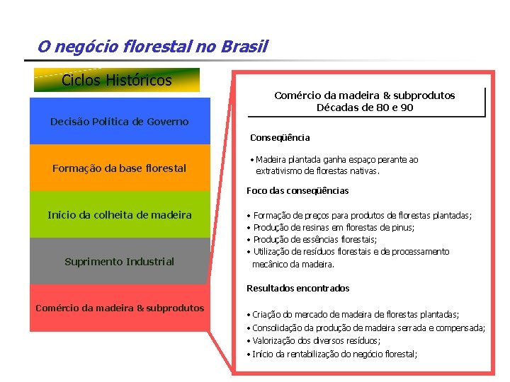 O negócio florestal no Brasil Ciclos Históricos Comércio da madeira & subprodutos Décadas de