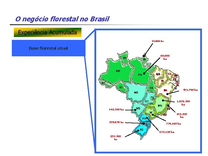 O negócio florestal no Brasil Experiência Acumulada 92. 860 ha Base florestal atual 60.