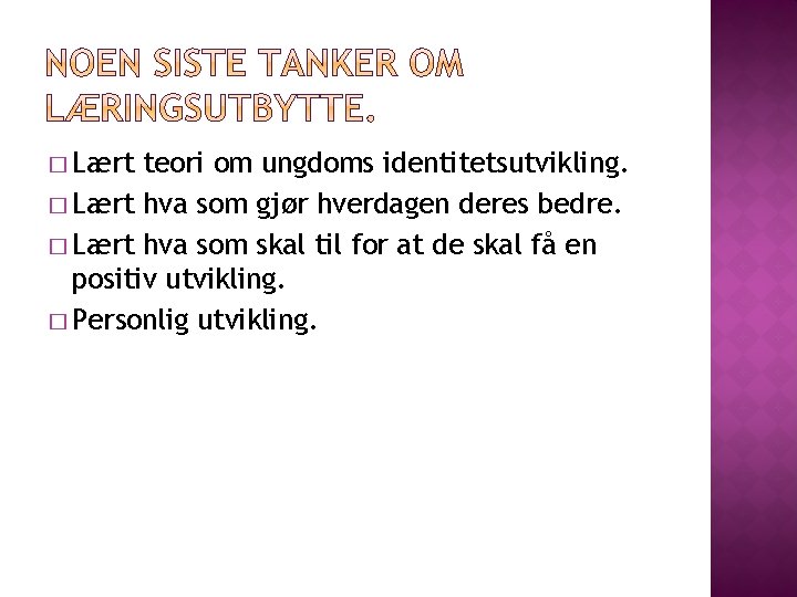 � Lært teori om ungdoms identitetsutvikling. � Lært hva som gjør hverdagen deres bedre.