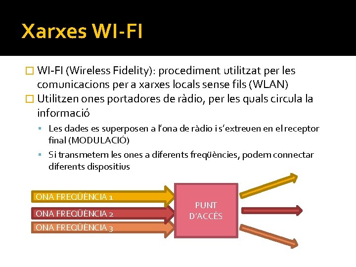 Xarxes WI-FI � WI-FI (Wireless Fidelity): procediment utilitzat per les comunicacions per a xarxes