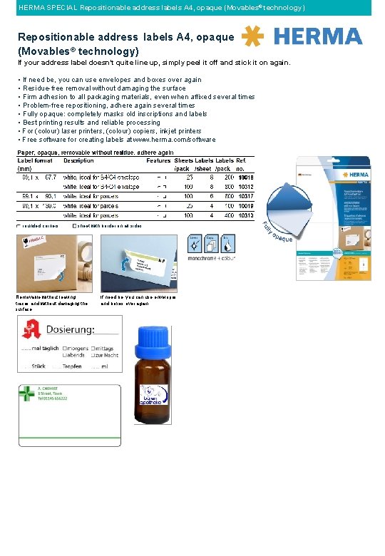 HERMA SPECIAL Repositionable address labels A 4, opaque (Movables® technology) If your address label