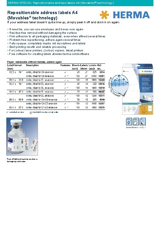 HERMA SPECIAL Repositionable address labels A 4 (Movables® technology) If your address label doesn’t