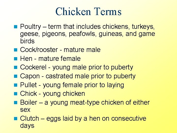 Chicken Terms n n n n n Poultry – term that includes chickens, turkeys,