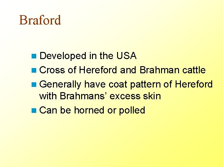 Braford n Developed in the USA n Cross of Hereford and Brahman cattle n