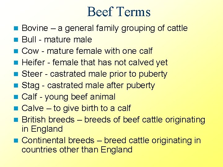 Beef Terms n n n n n Bovine – a general family grouping of