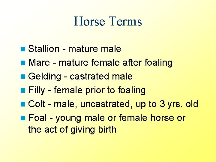 Horse Terms n Stallion - mature male n Mare - mature female after foaling