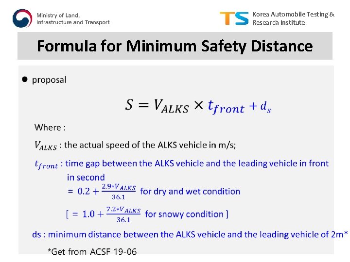 Korea Automobile Testing & Research Institute Formula for Minimum Safety Distance 