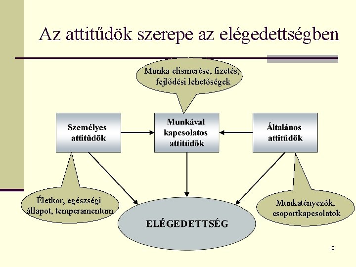 Az attitűdök szerepe az elégedettségben Munka elismerése, fizetés, fejlődési lehetőségek Életkor, egészségi állapot, temperamentum