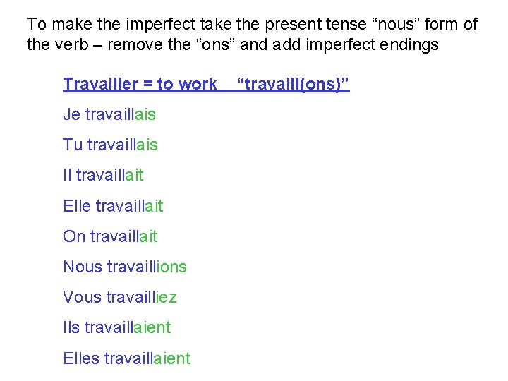 To make the imperfect take the present tense “nous” form of the verb –