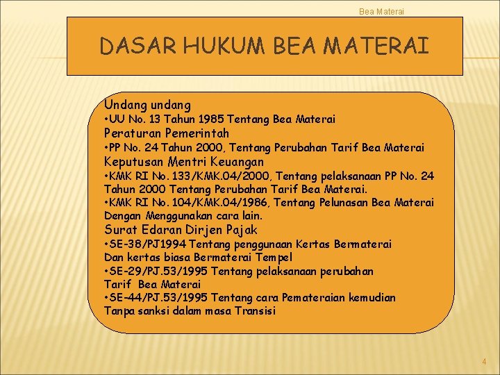 Bea Materai DASAR HUKUM BEA MATERAI Undang undang • UU No. 13 Tahun 1985