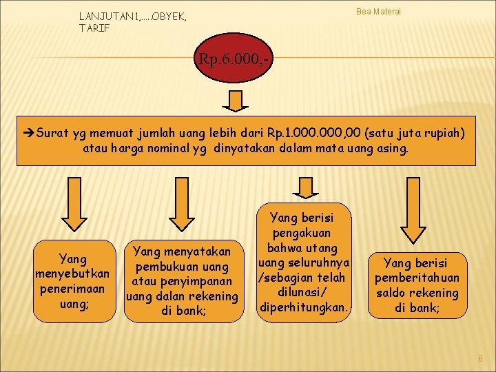 Bea Materai LANJUTAN 1, …. . OBYEK, TARIF Rp. 6. 000, - Surat yg