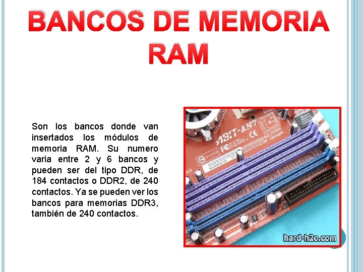 BANCOS DE MEMORIA RAM Son los bancos donde van insertados los módulos de memoria