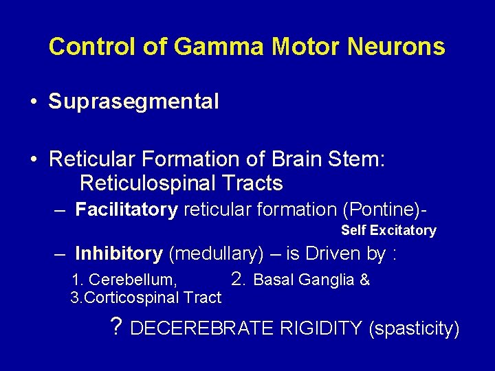 Control of Gamma Motor Neurons • Suprasegmental • Reticular Formation of Brain Stem: Reticulospinal