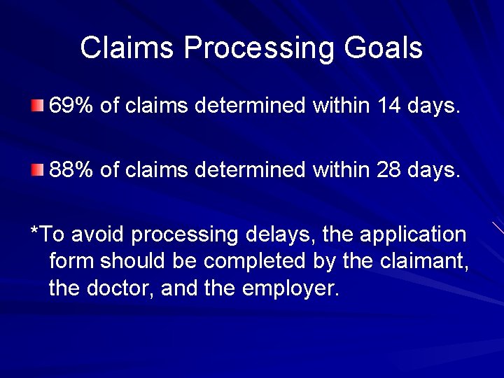 Claims Processing Goals 69% of claims determined within 14 days. 88% of claims determined