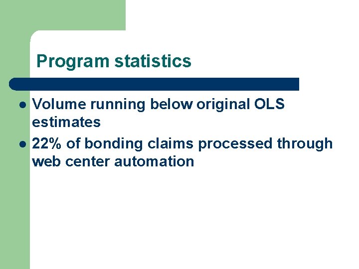 Program statistics l l Volume running below original OLS estimates 22% of bonding claims