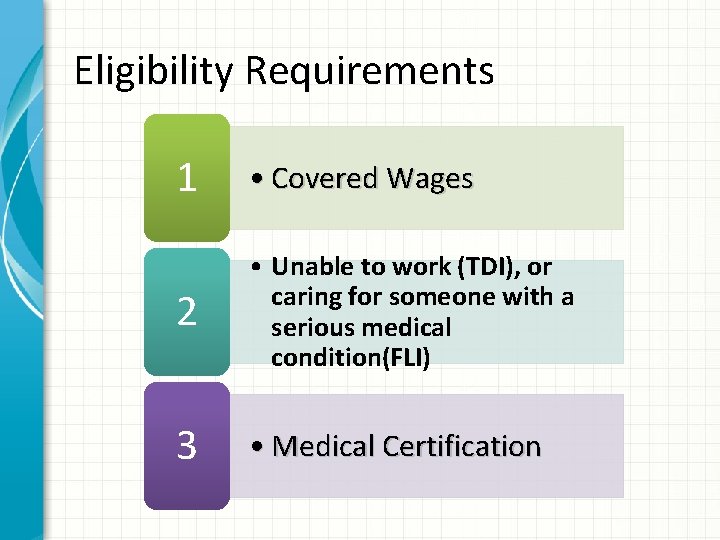 Eligibility Requirements 1 • Covered Wages 2 • Unable to work (TDI), or caring
