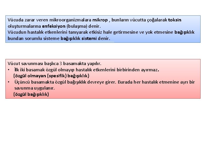 Vücuda zarar veren mikroorganizmalara mikrop , bunların vücutta çoğalarak toksin oluşturmalarına enfeksiyon (bulaşma) denir.