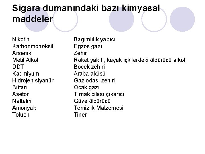 Sigara dumanındaki bazı kimyasal maddeler Nikotin Karbonmonoksit Arsenik Metil Alkol DDT Kadmiyum Hidrojen siyanür