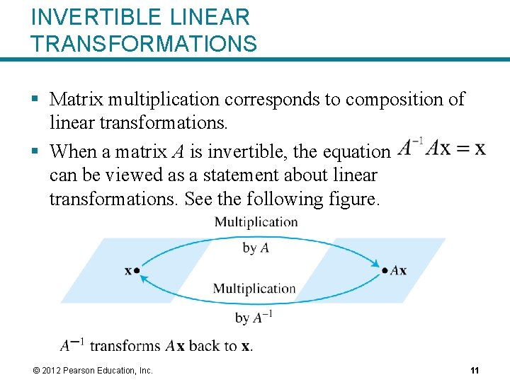 INVERTIBLE LINEAR TRANSFORMATIONS § Matrix multiplication corresponds to composition of linear transformations. § When