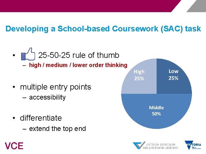 Developing a School-based Coursework (SAC) task • 25 -50 -25 rule of thumb –